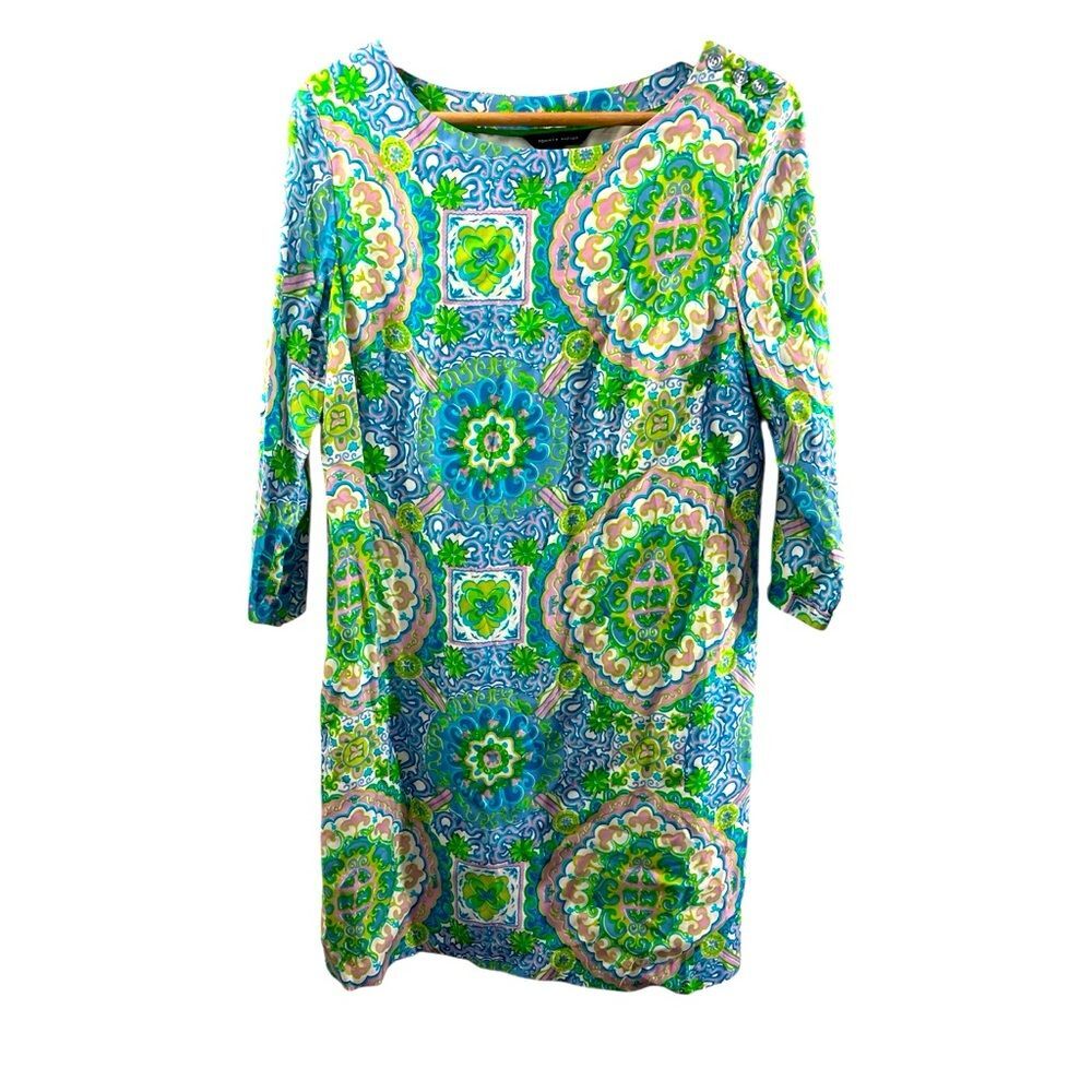 Tommy Hilfiger 3/4 Sleeve Floral Paisley Retro Shift Dress Size M Mod Gardencore